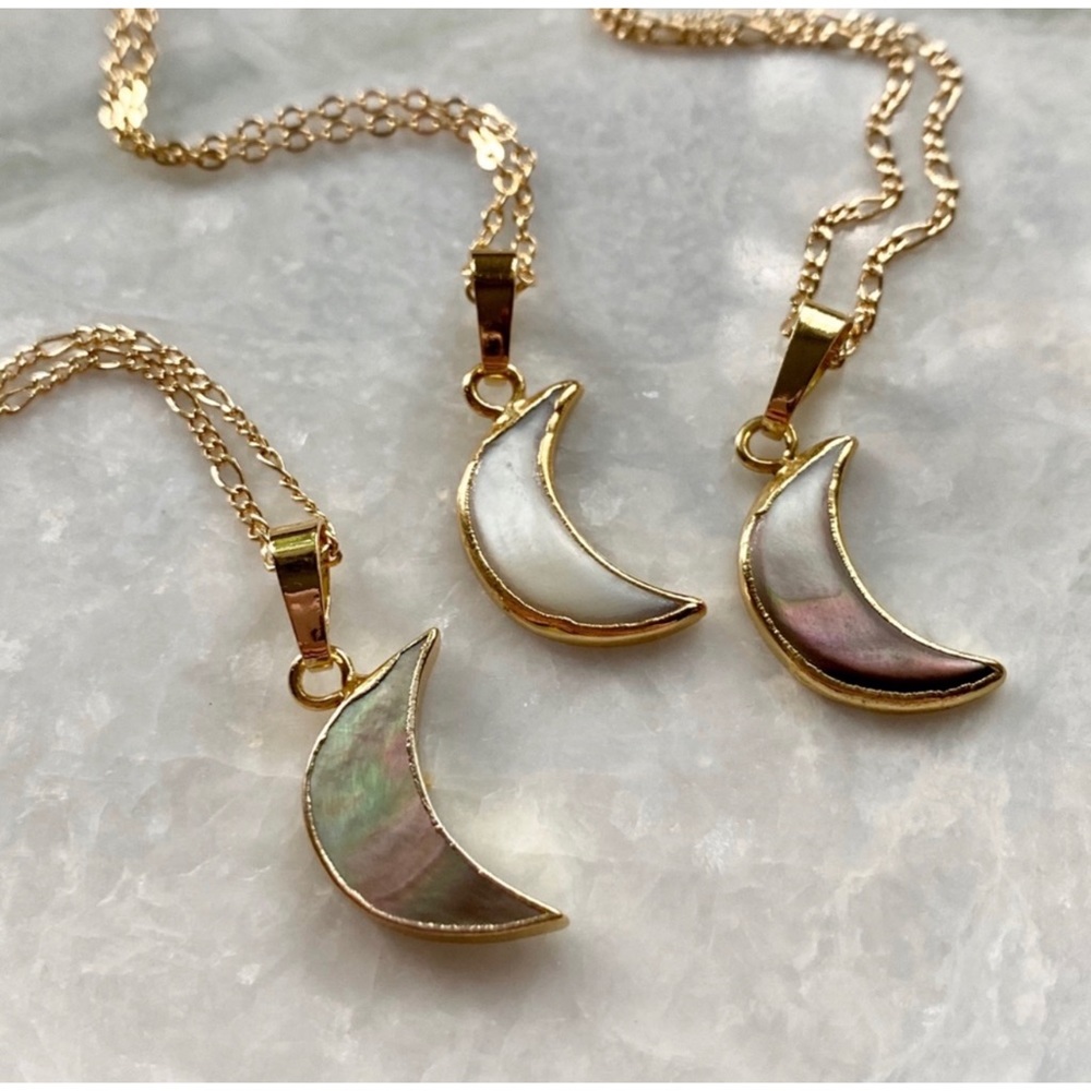 1 LEFT! Mother of Pearl Crescent Moon 22K Gold Necklace - Picture 9 of 11